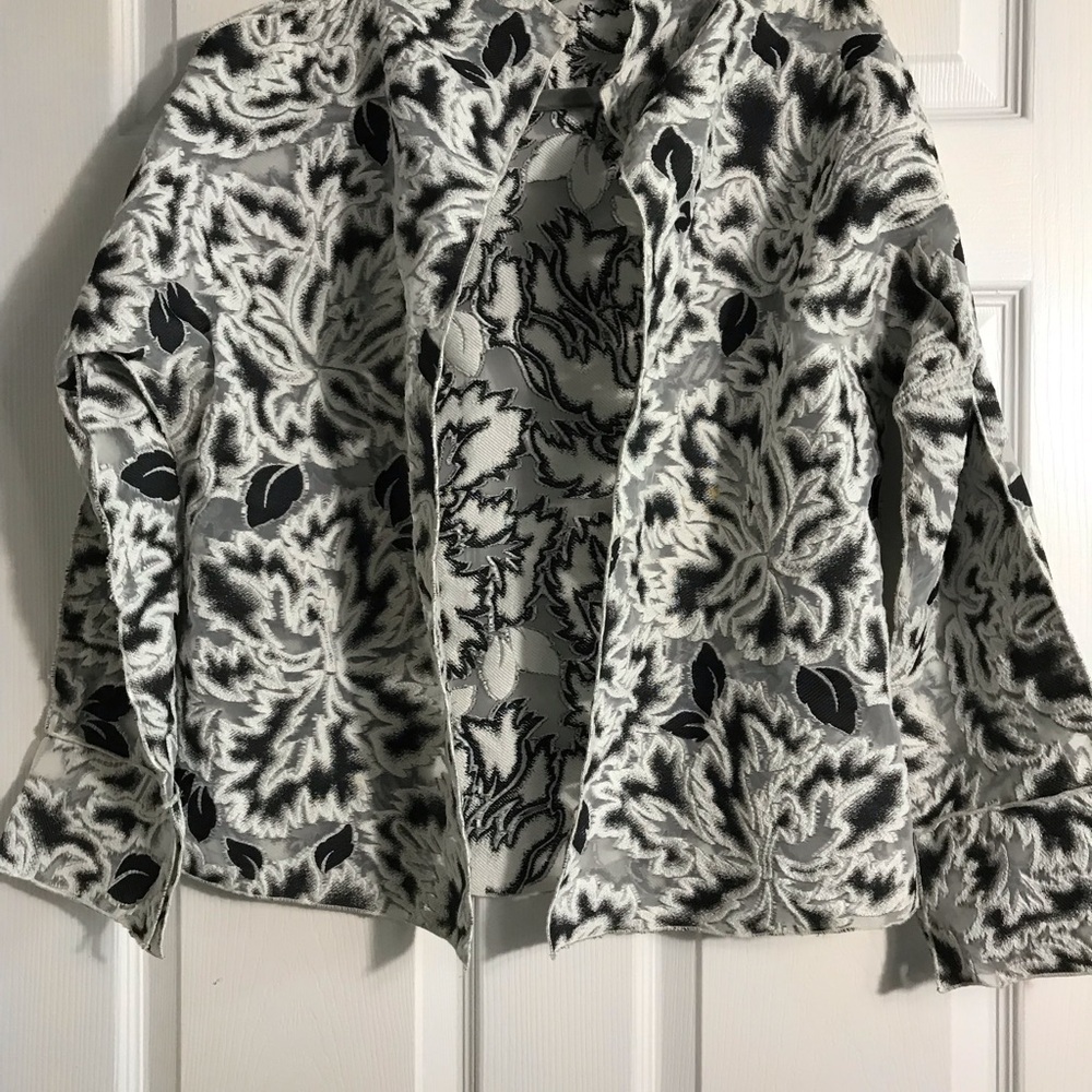 Margot Rozanska Sheer Black and White Leaf Pattern Jacket Top M - Picture 3 of 8